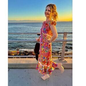 SALONI Multicolored Sienna Floral Cap Sleeve Ruffle Hem Lace Up Top Midi Dress 4